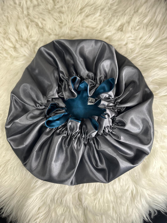 Teal | Gray Satin Bonnet | Reversible Bonnet | Adjustable Bonnet | Double Layer | Silk Satin Sleep Cap | Adult | Baby Silk Satin Bonnet