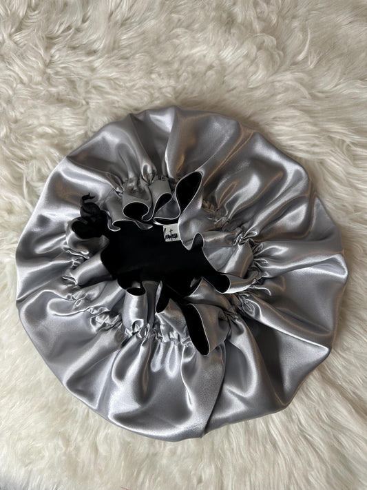 Black | Silver Satin Bonnet | Reversible Bonnet | Adjustable Bonnet | Double Layer | Silk Satin Sleep Cap | Adult | Baby Silk Satin Bonnet