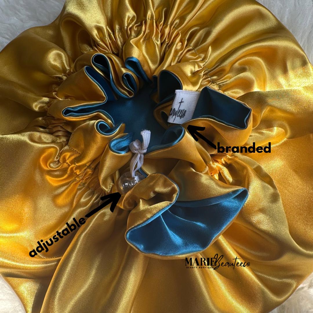 Yellow | Blue Satin Bonnet | Reversible Bonnet | Adjustable Bonnet | Double Layer | Silk Satin Sleep Cap | Adult | Baby Silk Satin Bonnet