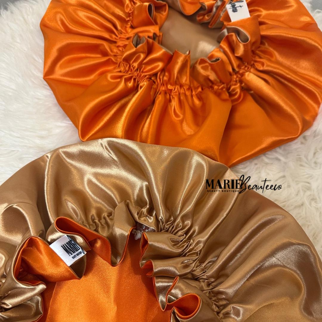 Orange Gold Reversible Satin Bonnet: Reversible Adjustable Silk Sleep Cap