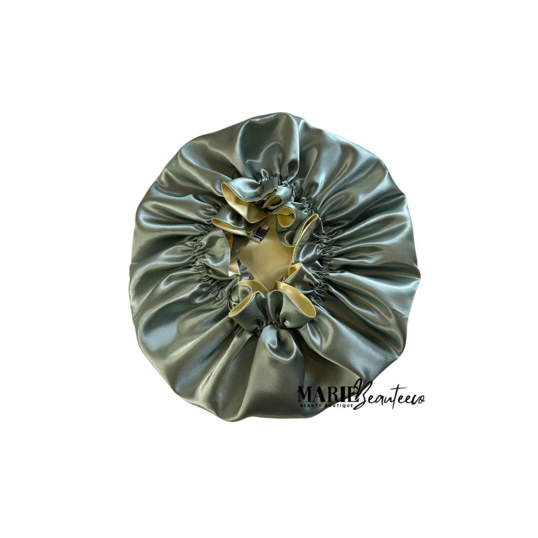 Sage Green Butter Yellow Adjustable Reversible Satin Bonnet