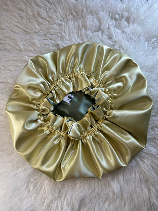 Sage Green Butter Yellow Adjustable Reversible Satin Bonnet