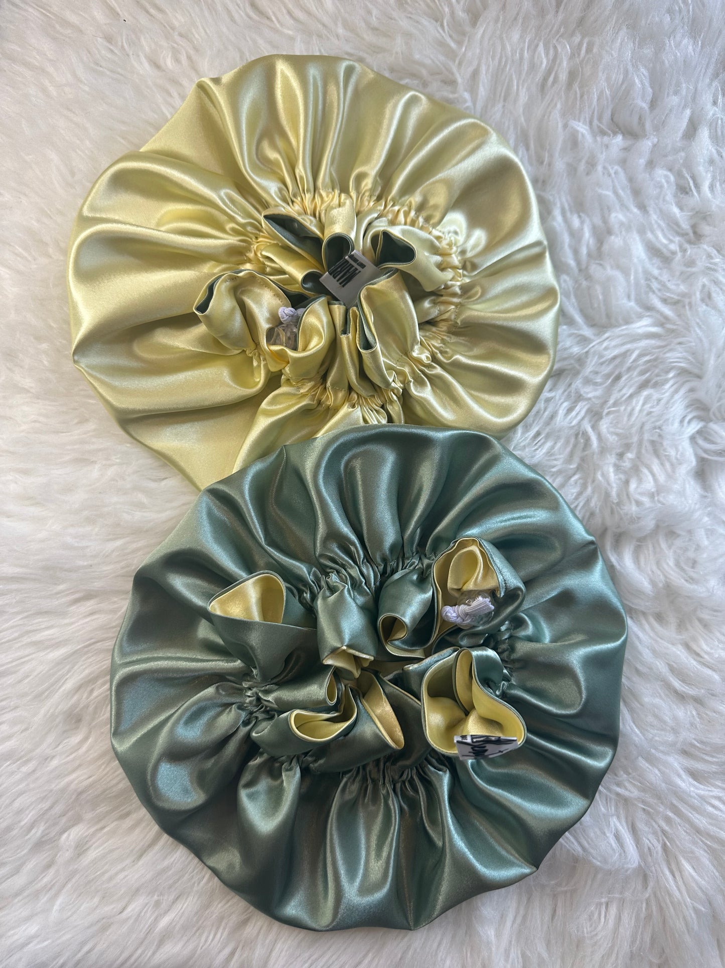 Sage Green Butter Yellow Adjustable Reversible Satin Bonnet