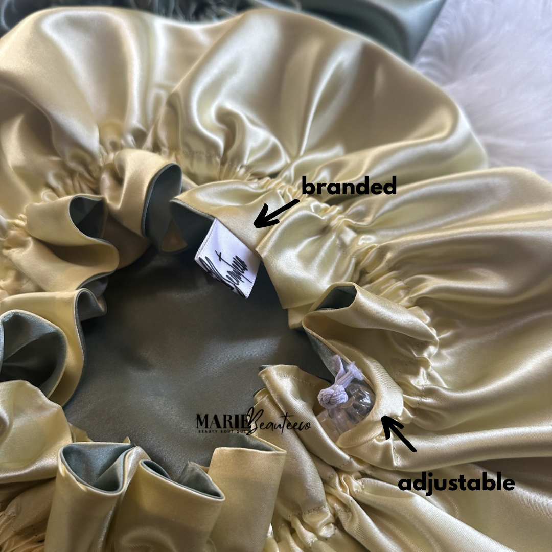 Sage Green Butter Yellow Adjustable Reversible Satin Bonnet