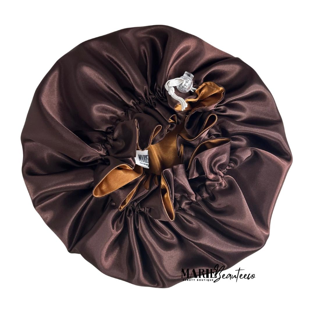 Brown | Gold Satin Bonnet | Reversible Bonnet | Adjustable Bonnet | Double Layer | Silk Satin Sleep Cap | Adult | Baby Silk Satin Bonnet