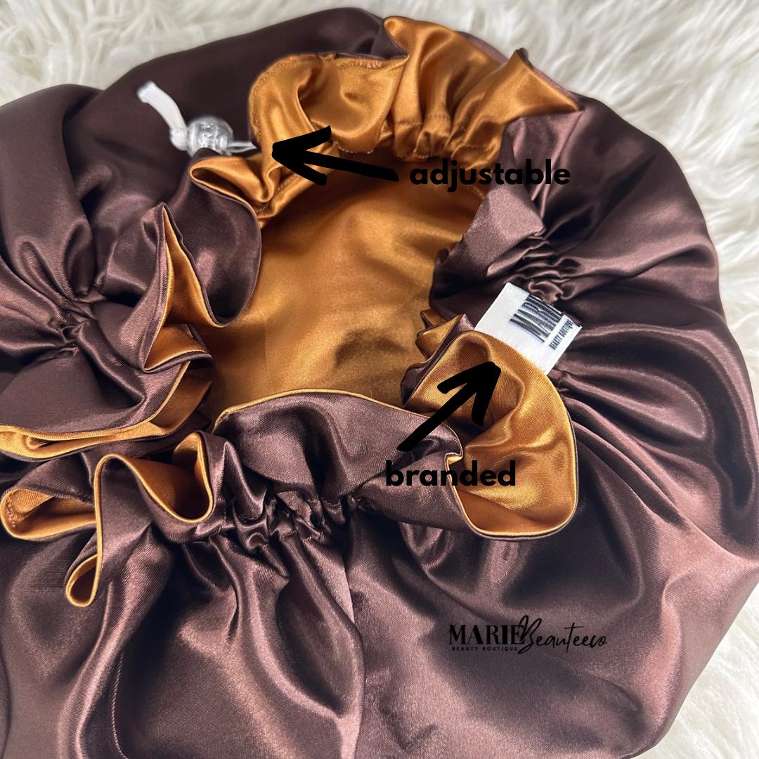 Brown | Gold Satin Bonnet | Reversible Bonnet | Adjustable Bonnet | Double Layer | Silk Satin Sleep Cap | Adult | Baby Silk Satin Bonnet