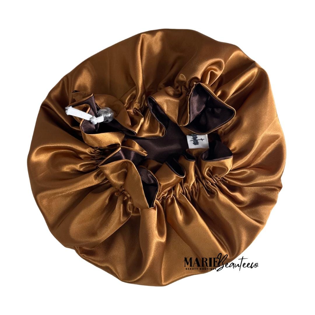 Brown Gold Reversible Satin Bonnet: Reversible Adjustable Silk Sleep Cap