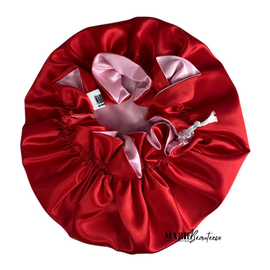 Red Pink Reversible Satin Bonnet: Reversible Adjustable Silk Sleep Cap