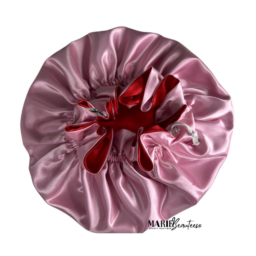 Red Pink Reversible Satin Bonnet: Reversible Adjustable Silk Sleep Cap