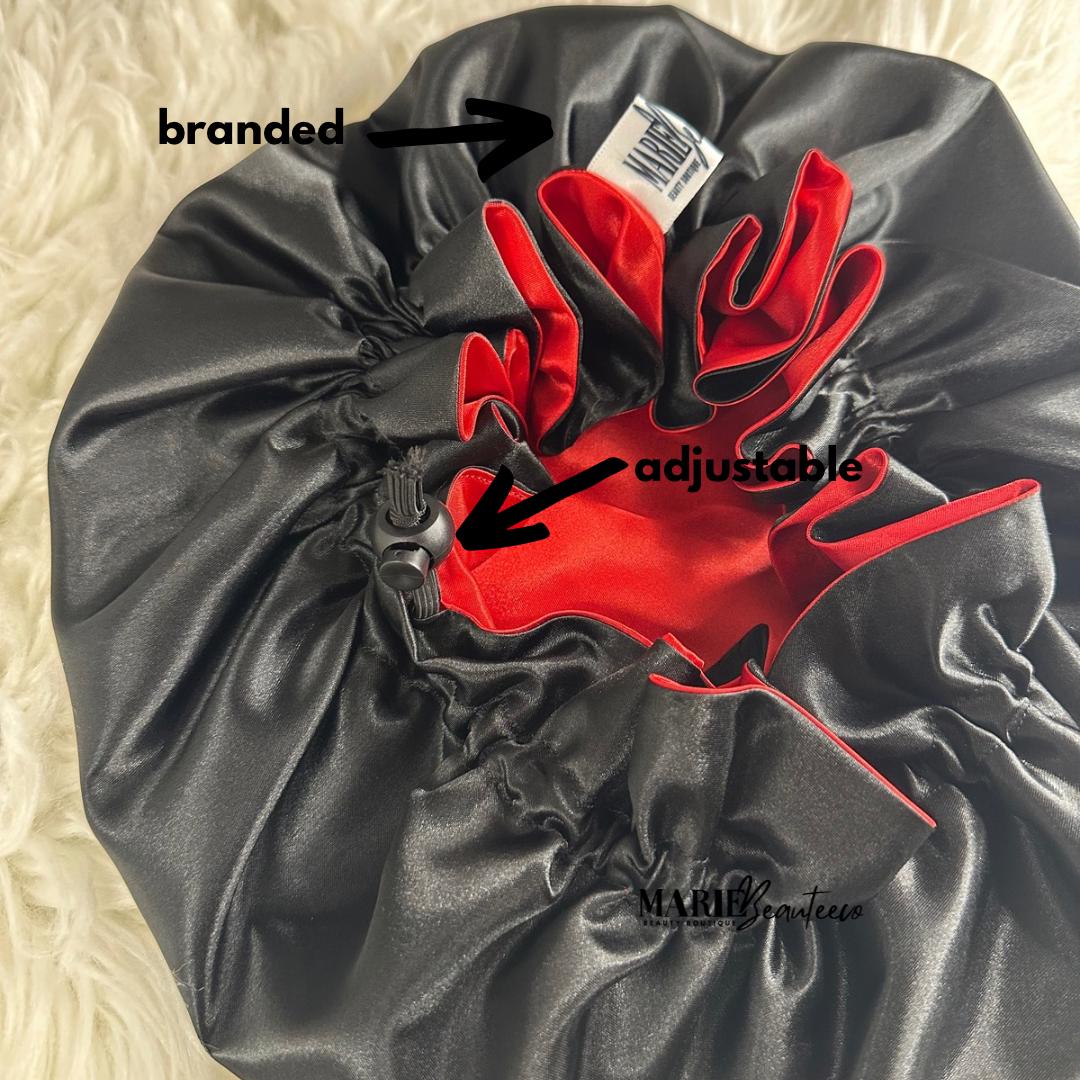 Black | Red Satin Bonnet | Reversible Bonnet | Adjustable Bonnet | Double Layer | Silk Satin Sleep Cap | Adult | Baby Silk Satin Bonnet