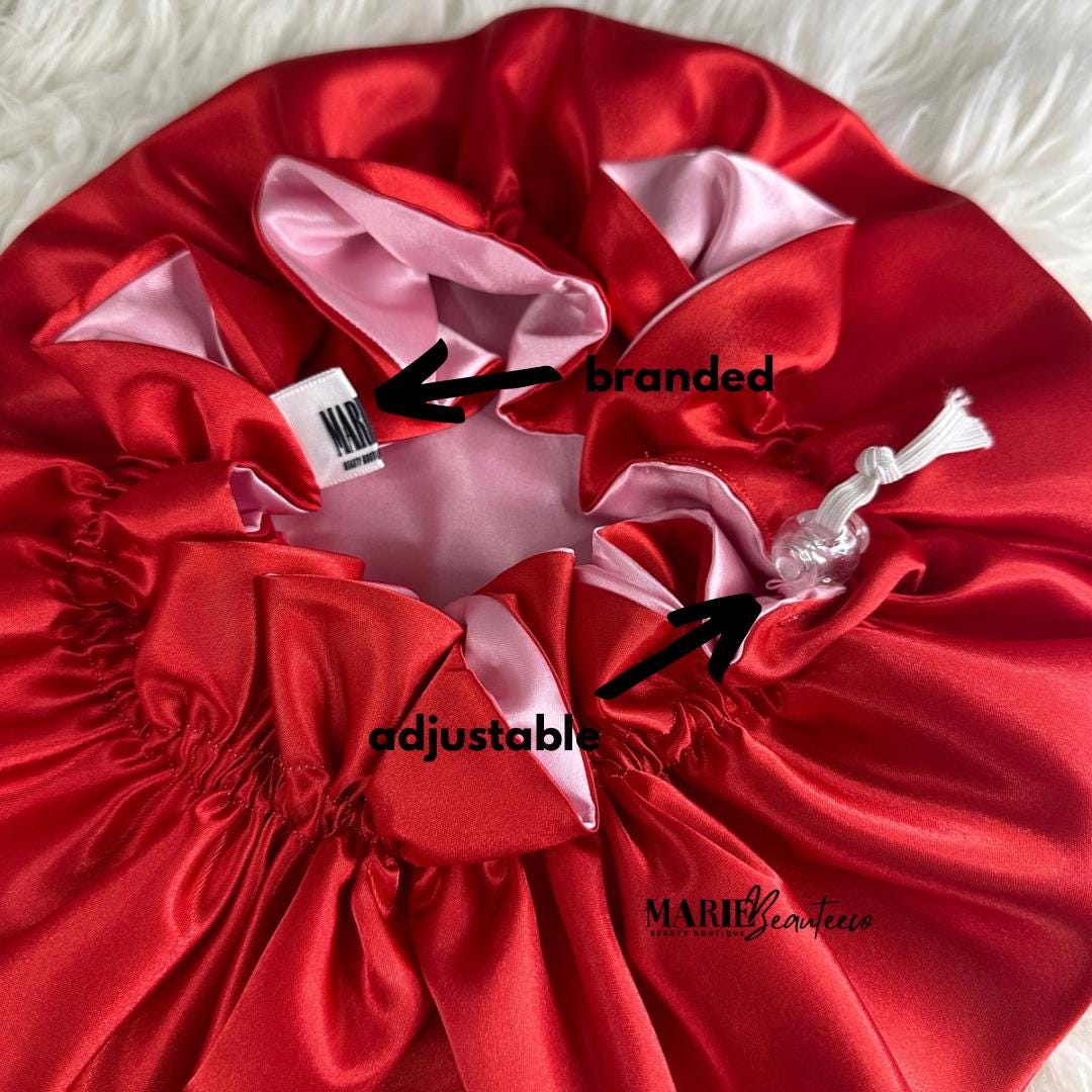 Red Pink Reversible Satin Bonnet: Reversible Adjustable Silk Sleep Cap