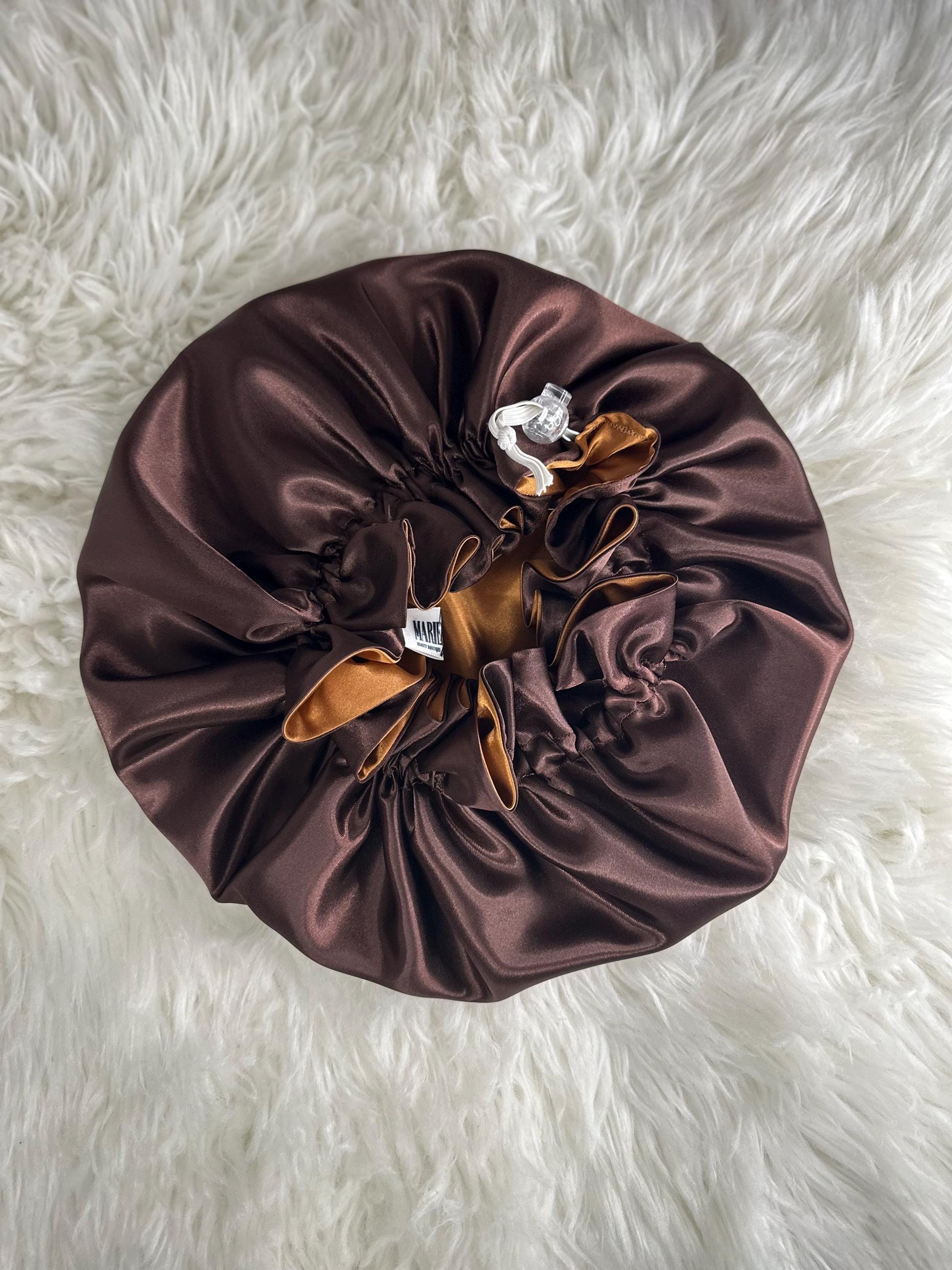 Brown Gold Reversible Satin Bonnet: Reversible Adjustable Silk Sleep Cap