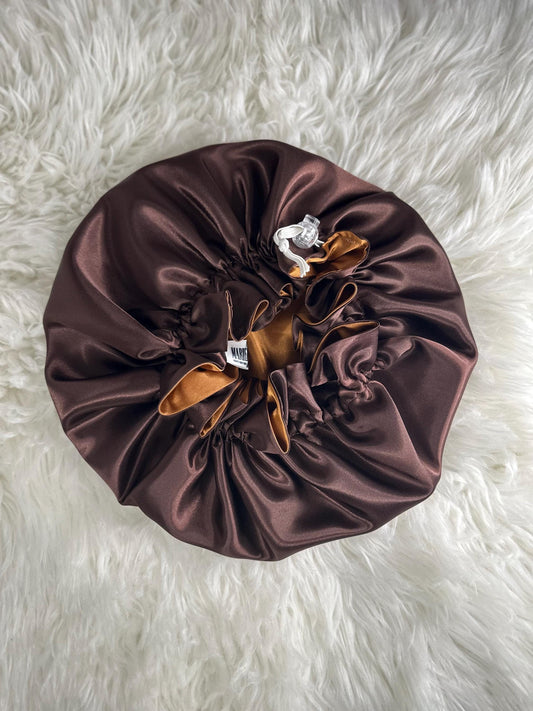 Brown Gold Reversible Satin Bonnet: Reversible Adjustable Silk Sleep Cap