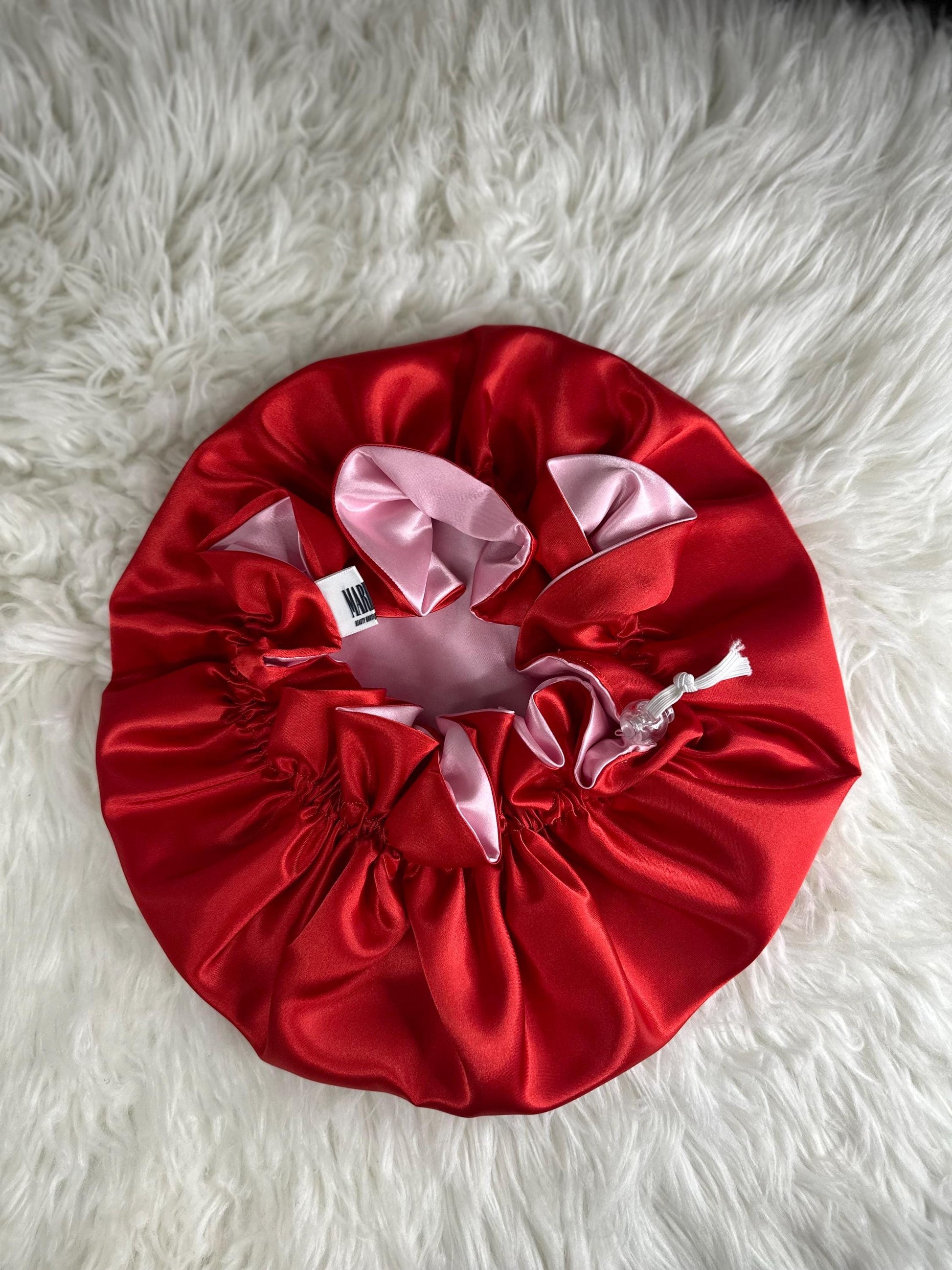 Red Pink Reversible Satin Bonnet: Reversible Adjustable Silk Sleep Cap