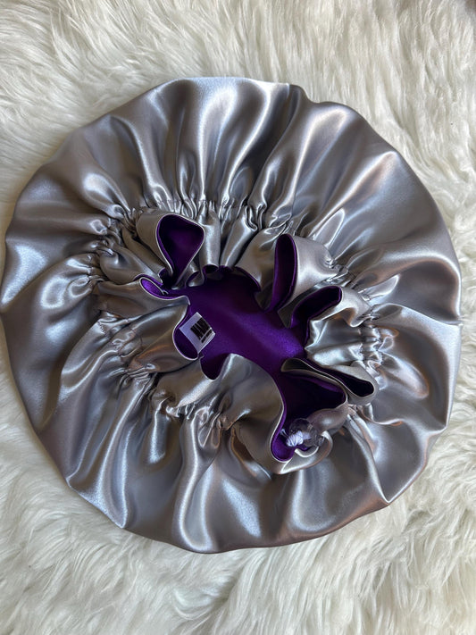 Purple | Silver Satin Bonnet | Reversible Bonnet | Adjustable Bonnet | Double Layer | Silk Satin Sleep Cap | Adult | Baby Silk Satin Bonnet