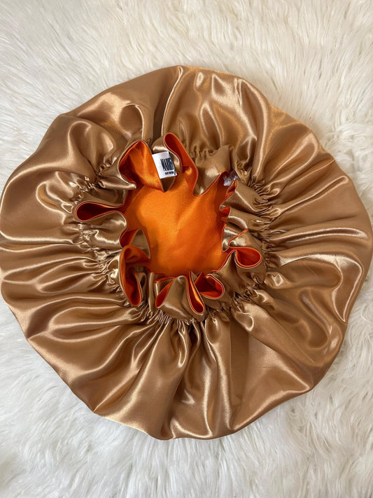 Orange Gold Reversible Satin Bonnet: Reversible Adjustable Silk Sleep Cap