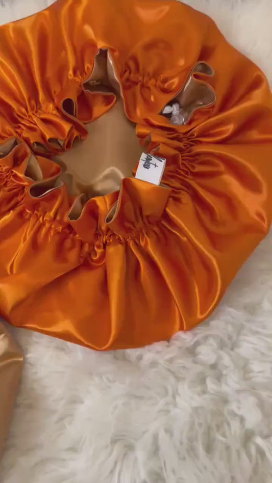 Orange Gold Reversible Satin Bonnet: Reversible Adjustable Silk Sleep Cap