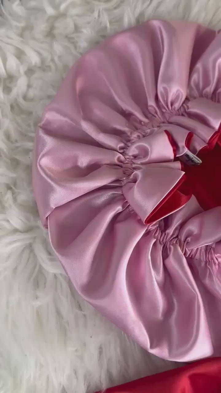 Red | Pink Satin Bonnet | Reversible Bonnet | Adjustable Bonnet | Double Layer | Silk Satin Sleep Cap | Adult | Baby Silk Satin Bonnet