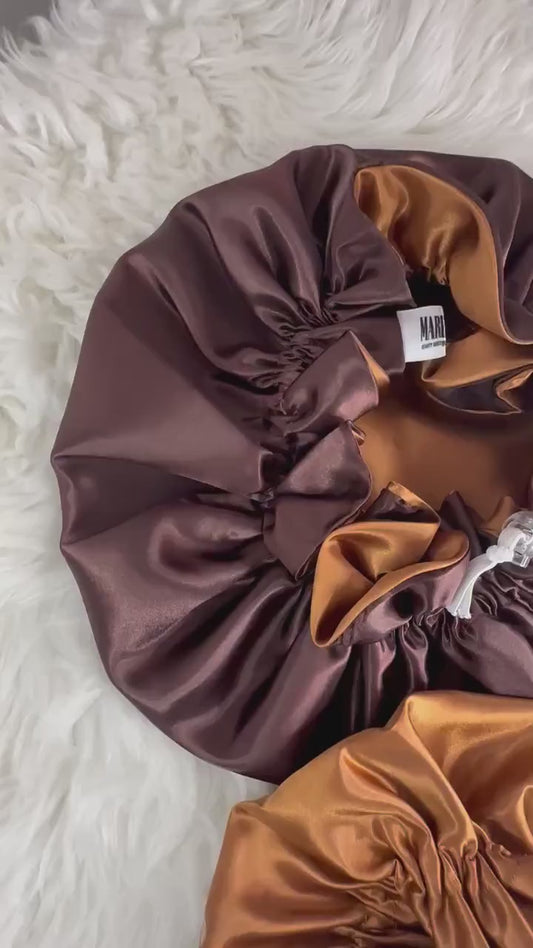 Brown | Gold Satin Bonnet | Reversible Bonnet | Adjustable Bonnet | Double Layer | Silk Satin Sleep Cap | Adult | Baby Silk Satin Bonnet