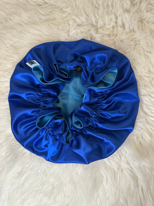 Handmade reversible satin bonnet in royal blue with an adjustable clasp for custom fit by mariebeauteec