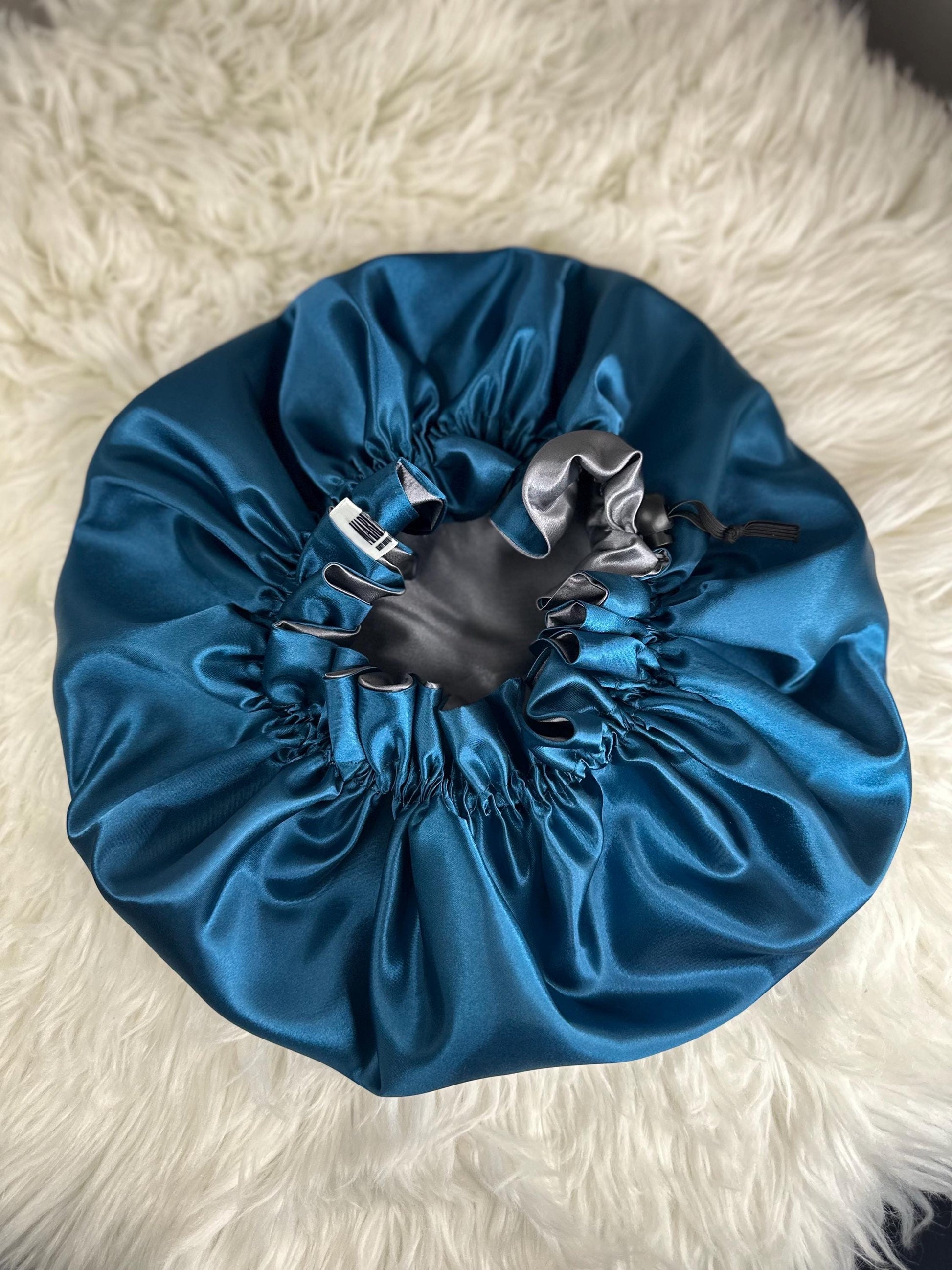Handmade reversible satin bonnet in teal and gray with an adjustable clasp for custom fit by mariebeauteeco